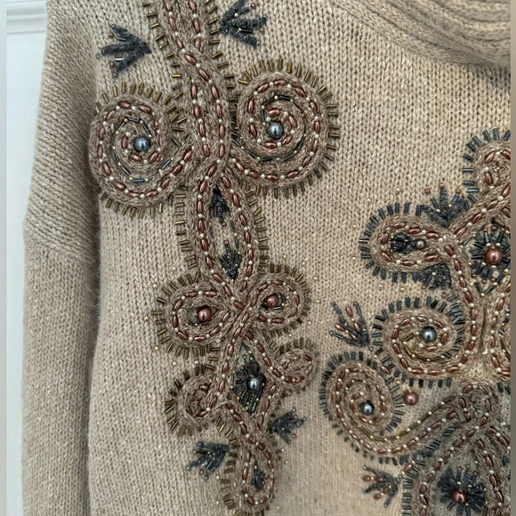 Vintage angora silk lambswool IB Diffusion embellished turtleneck L beige beaded - Picture 3 of 8